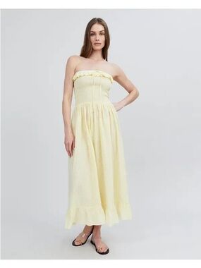 Solid & Striped Eyelet Strapless Midi Dress Yellow Smocked Cotton NWT Size S